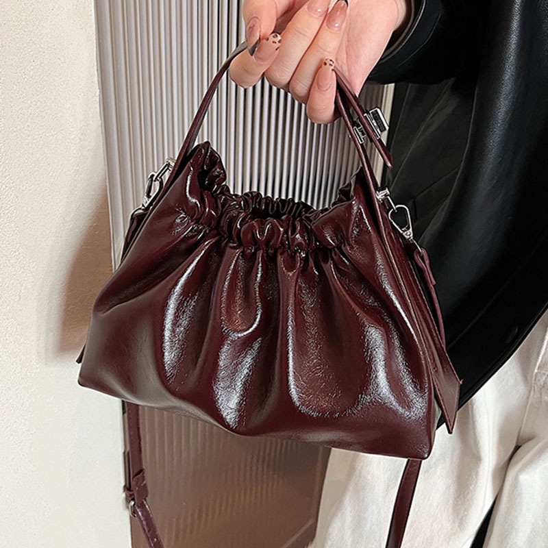 Top Handle Patent Bag - Women's Burgundy Ruched Cloud Bucket Bag,