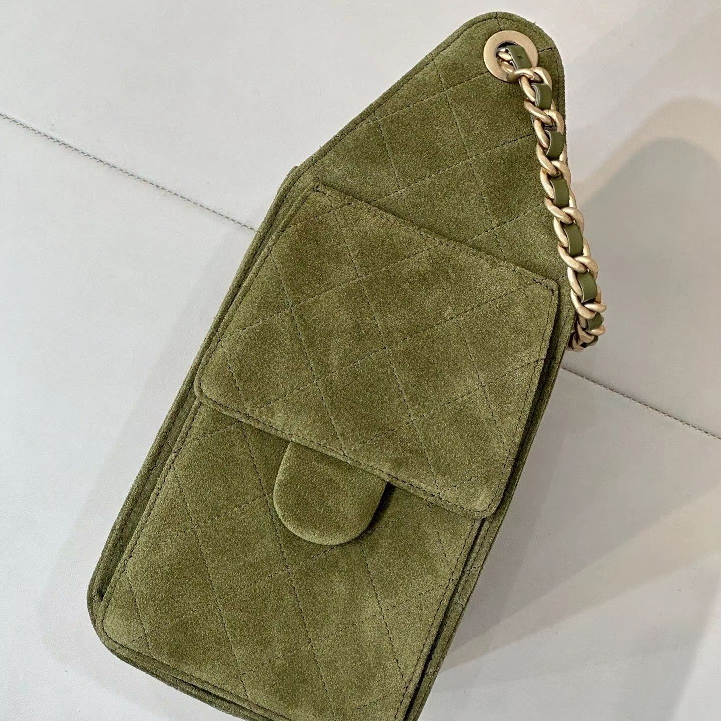 Chain Crossbody Quilted - Olive Green Suede Quilted Phone Crossbody